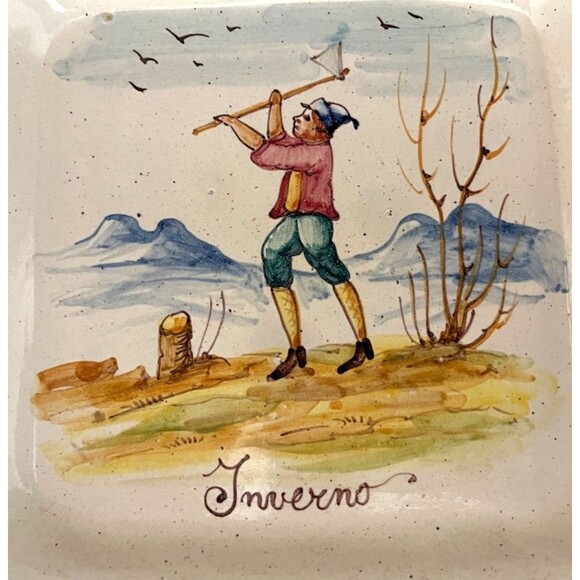 Set of 4 Hand Painted SEASONS Square Plates 9" Italy Vintage RARE - Picture 14 of 16